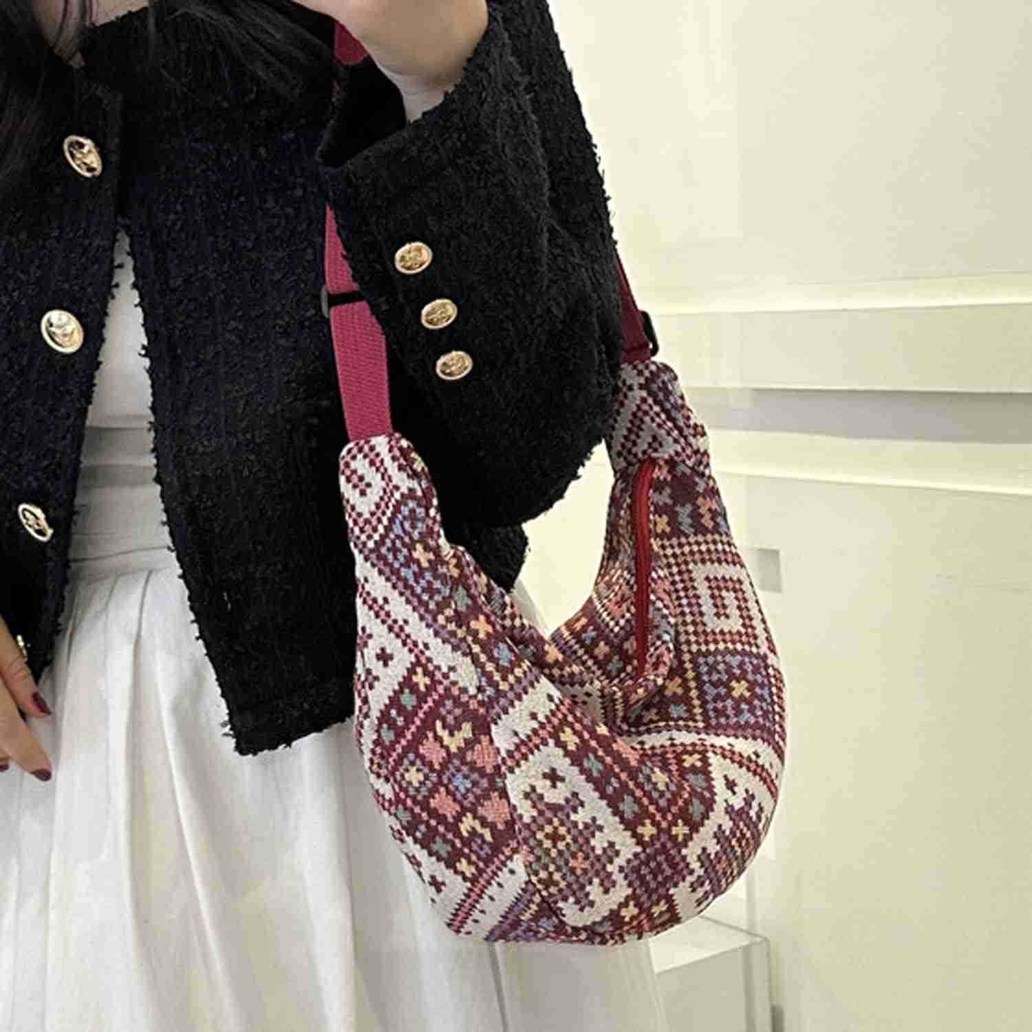 Women Corduroy Crossbody Bag Small Tote Bag Shoulder Handbag Adjustable Mini Crescent Bags M250903