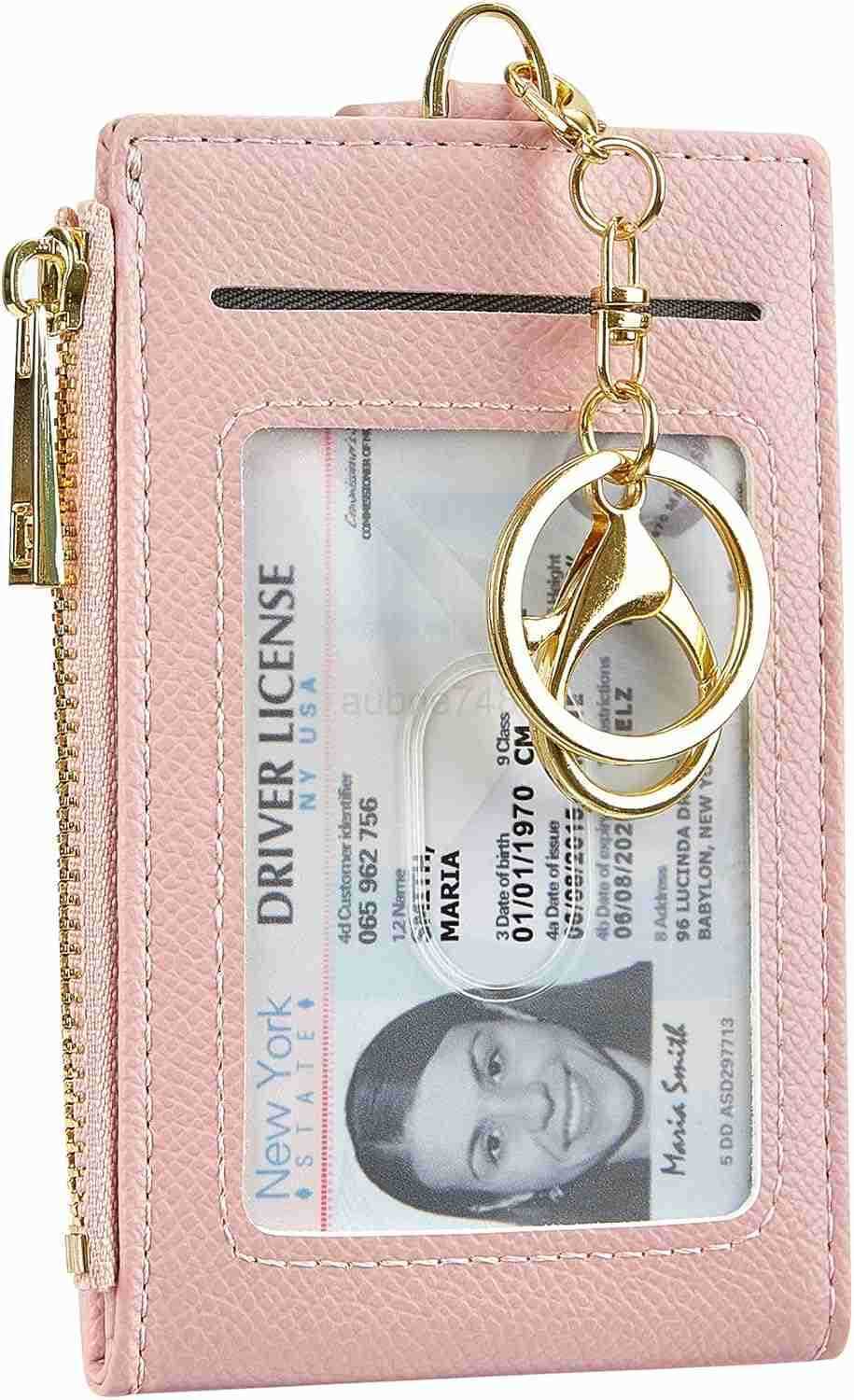 Women Men Leather RFID Blocking Card Holder Slim Small Zipper Keychain Front Pocket Wallet with 2 ID Window M250904