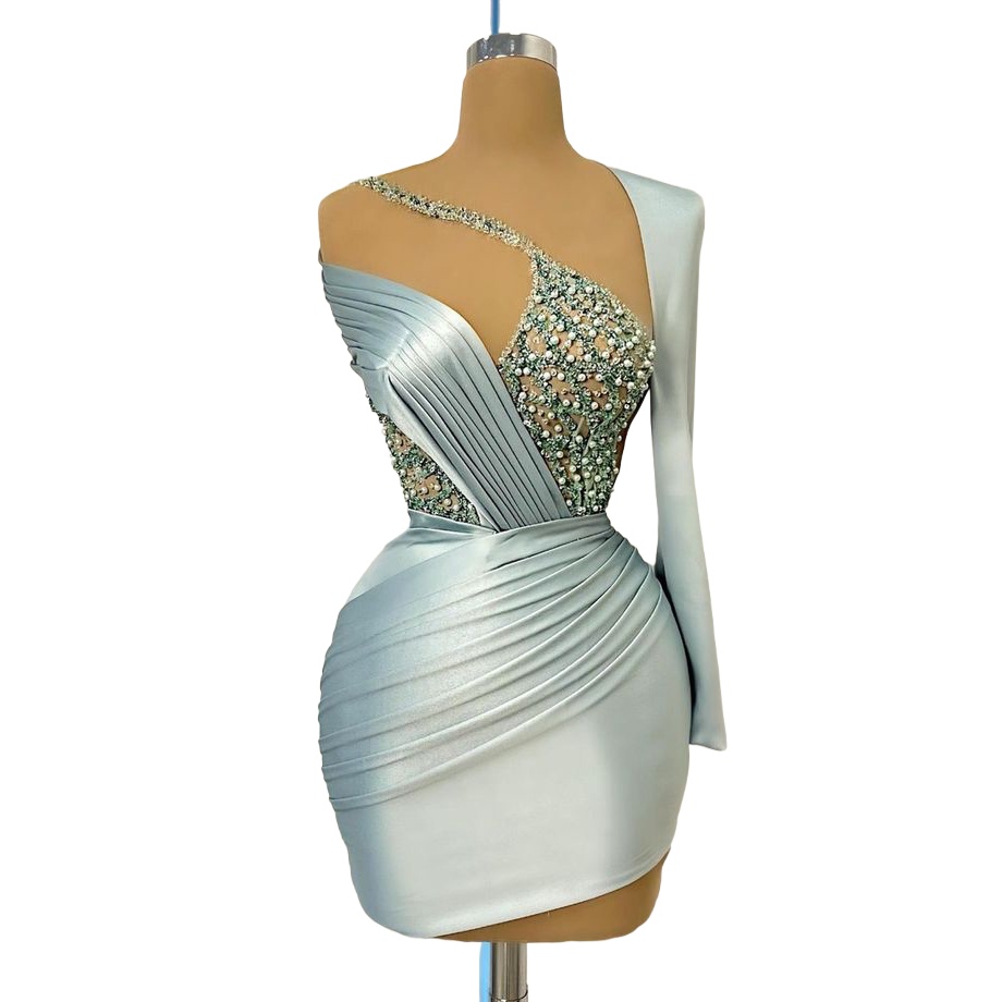 Chic Light Sky Blue Sheath Cocktail Dress Satin Pearls Sequined Short Mini Graduation Homecoming Dresses For Special Occasions Sweetheart Gowns