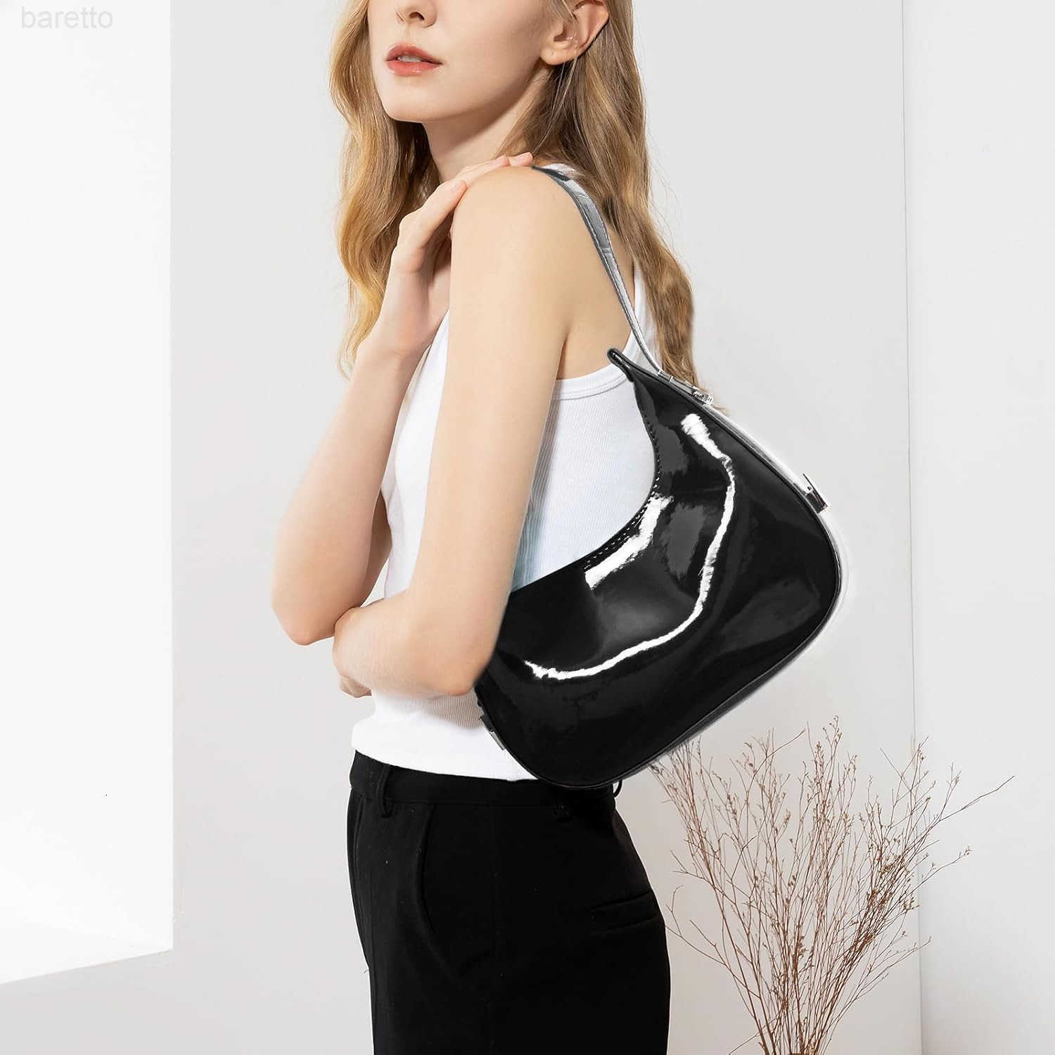 Y2K Moon Bag Womens Crescent Shoulder Bag Retro Handbags Top Handle Patent Leather Cute Small Underarm Bag M250903