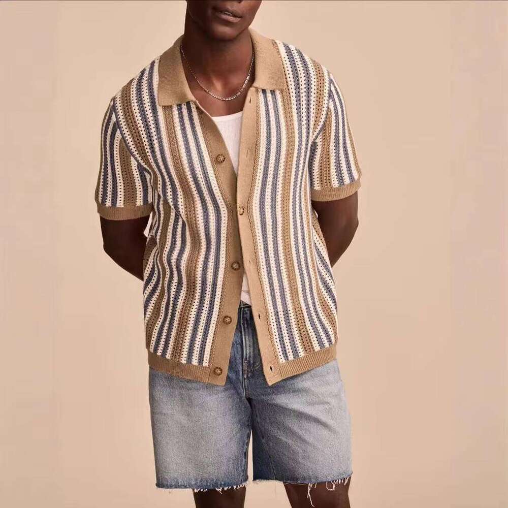 Men's Summer Casual Striped Skeleton Knit Short Sleeve Polo Shirt Comfortable Breathable Made by Viscose Fiber Manufacturer