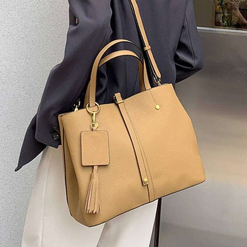 Cowhide Genuine Leather Large Tote Handbags For Women New 2025 Designer Shopper Bucket Work Shoulder Bags