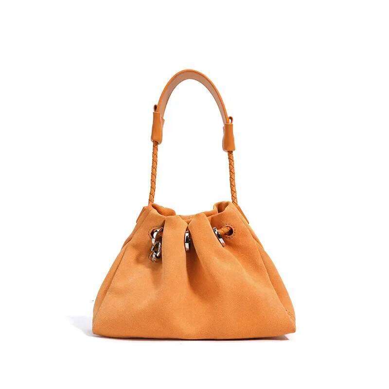 Designer Cowhide Suede Crossbody Shoulder Bag,Genuine Leather Drawstring Lucky Handbag,Women Casual Cloud Pleated Sling Bag