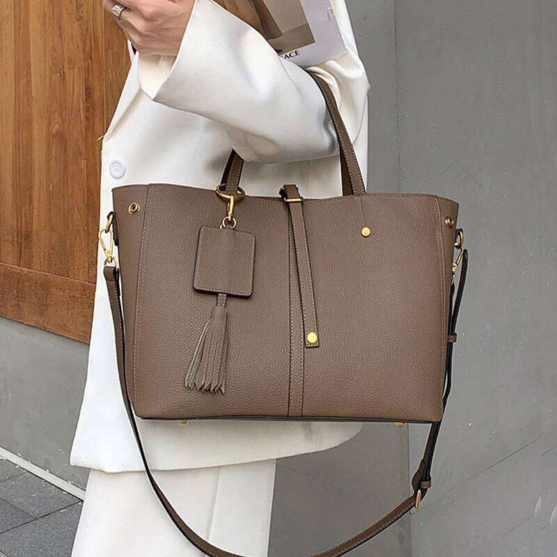 Cowhide Genuine Leather Large Tote Handbags For Women New 2025 Designer Shopper Bucket Work Shoulder Bags