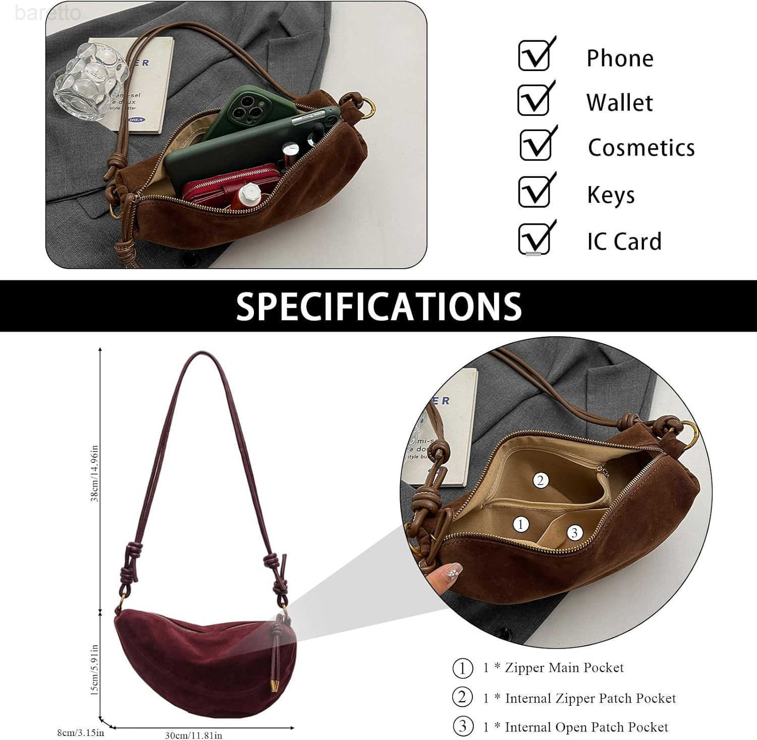 Bags for Women Suede Purses Crescent Bag Crossbody Shoulder Bag Trendy Tote Handbags M250903
