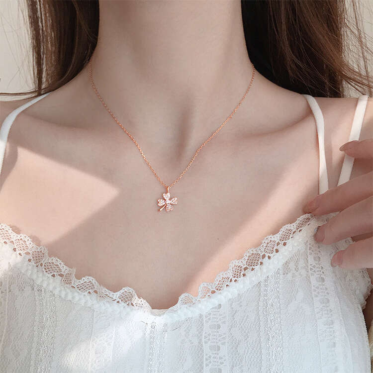 DHpet 2025 Clover Element Necklace for Women, Korean Style Dainty Collarbone Chain, Sparkling Diamond Pendant, 21-50cm Cross Chain, Zhenlu XL062 (Rose