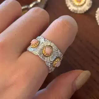 Live Italian Sterling Silver Blue Agate Daisy Ring for Women New High-End Pink Opal