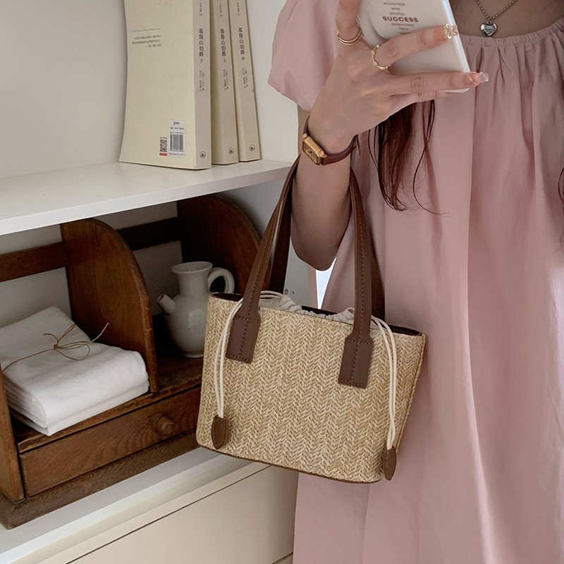 Casual Straw Beach Bag - Handwoven Wicker Bucket with Adjustable Strap for Summer