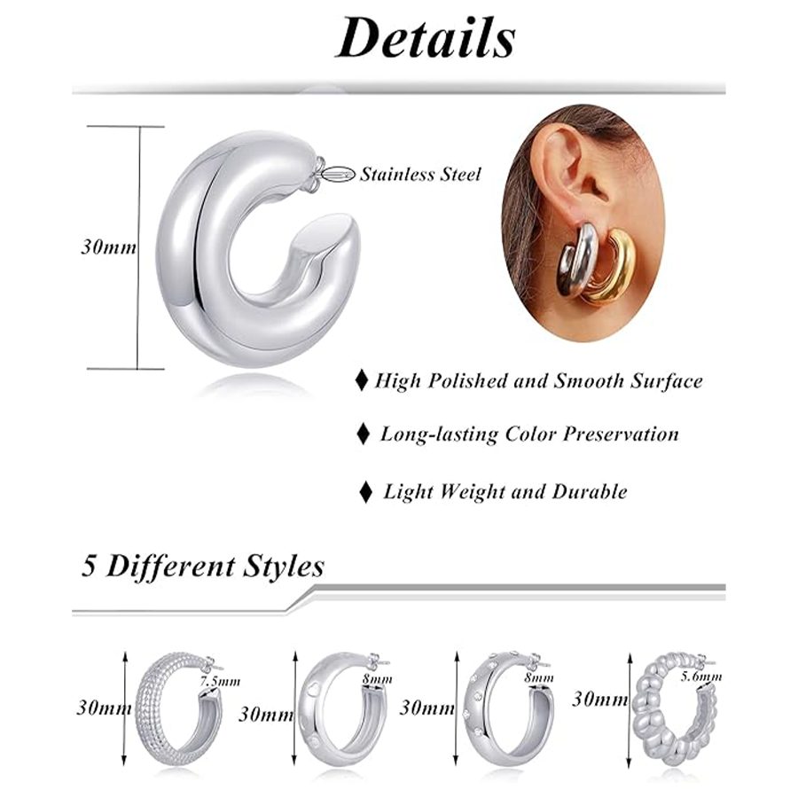 5 Pairs Chunky Hoops Earrings Thick Open Hoop Lightweight Hollow Earrings for Women Trendy Jewelry Silver Tone