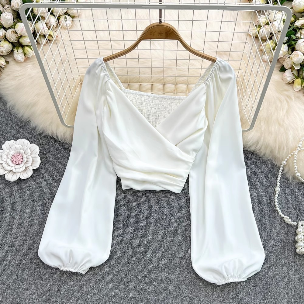 Spring Fashion VNeck Ruched CollarboneExposing Puff Long Sleeve Pullover TShirt for Women Chic and Unique Short Cropped Top 210317