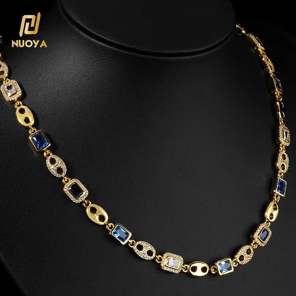 NUOYA Gold Plated Pig Nose Choker Necklace Geometric Gemstone Design Blue White Moissanite Fine Hip Hop Luxury Jewelry