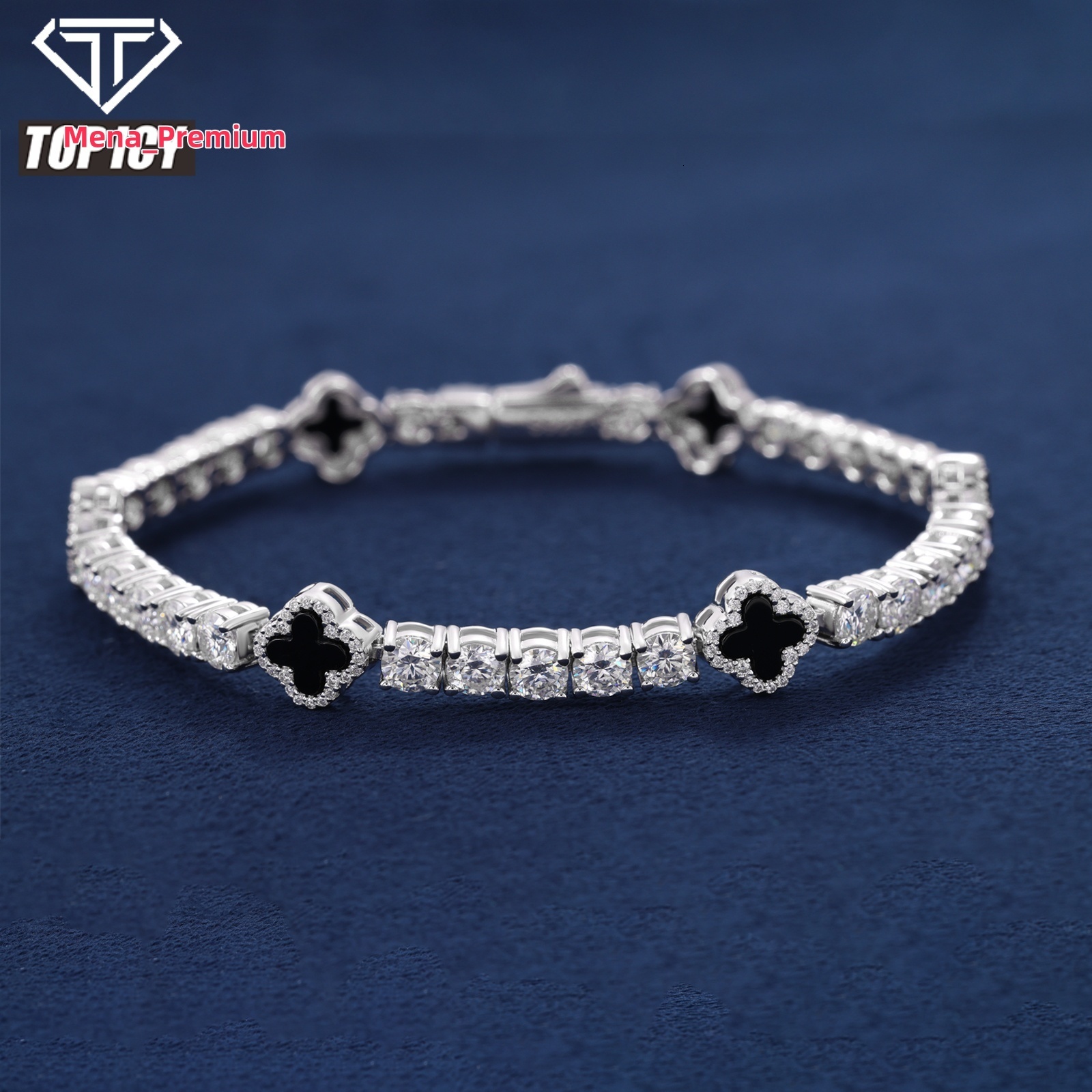 Hot Selling Design Black Clover Tennis Chain Luxury VVS D Moissanite 925 Sterling Silver Tennis Bracelet 4mm Hip Hop Jewelry
