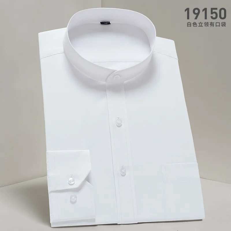 Mens stand up collar shirt classic round neck slim fit vertical collar long sleeved white shirt X250903