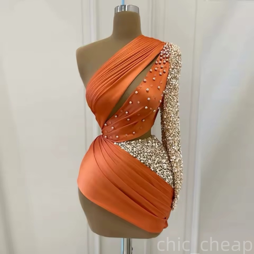 Chic Orange Sheath Cocktail Dress One Shoulder Beaded Satin Sequined Short Mini Graduation Homecoming Dresses For Special Occasions Sweetheart Gowns