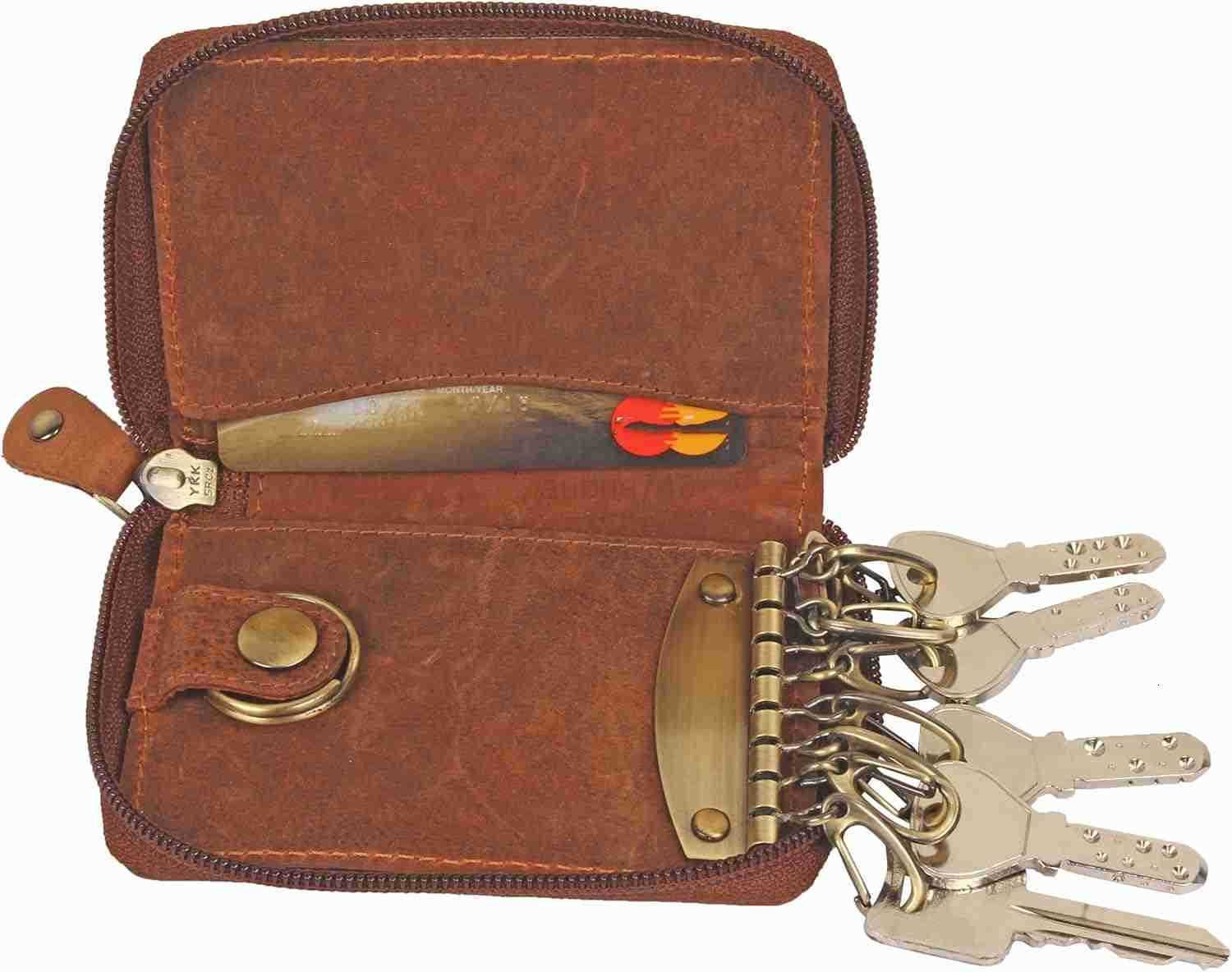 Leather Key Holder Case Zippered Key Organizer Wallet with 8 Hooks for Keys Cash Card Gift for Men Women M250904