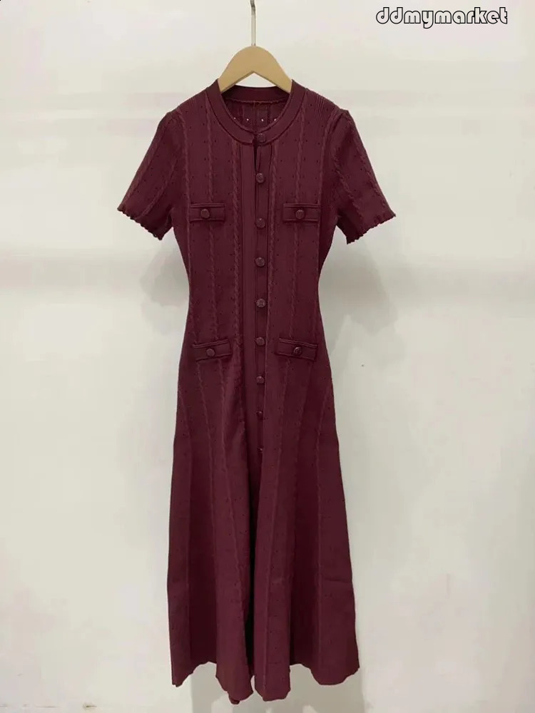 French Fashion Runway Knitt Single Breasted Mermaid Midi Dress Elegant Lady Ruffled Sleeve Hollow Out Slim Sweater 250305 ddmymarket