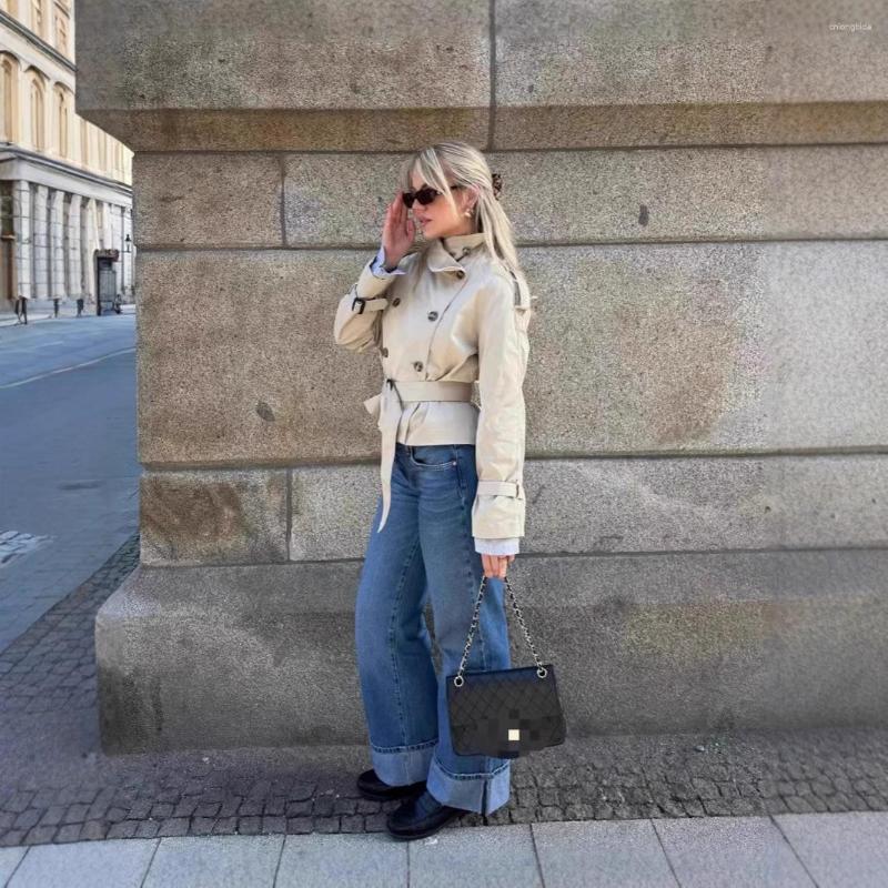 Women Cropped Trench Coat Stand Collar Double Breasted Belte - view 4