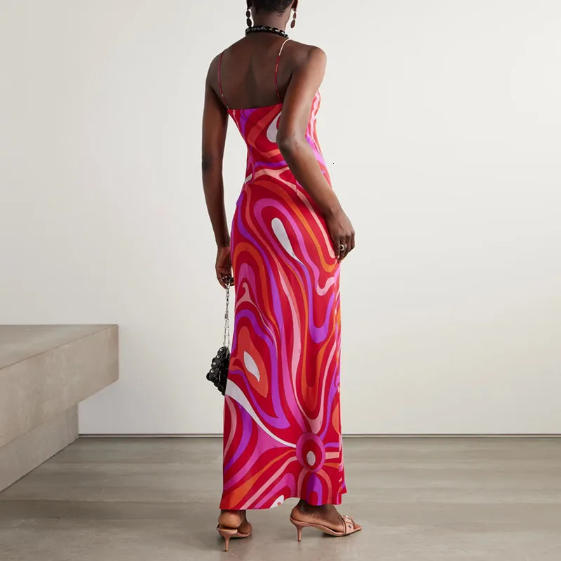 Vestidos Mujer Spring Print Vintage Party Dress Woman Sexy V Neck Backless Hollow Long Dresses Summer Sleeveless Slit Boho Dress 250903