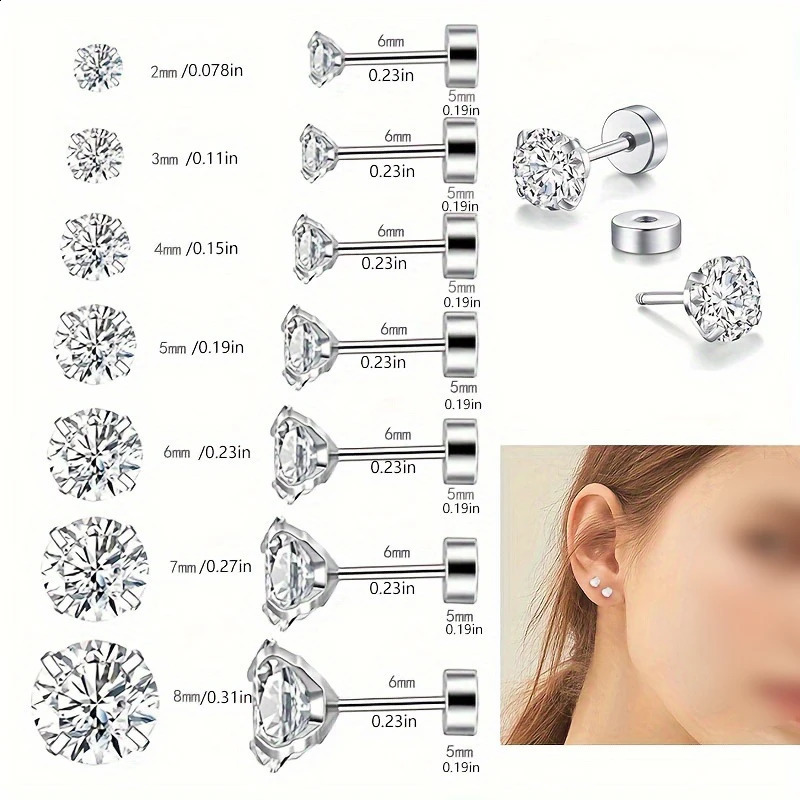 1 Pair Stainless Steel Tragus Stud Earrings for Women Men Round Cubic Zirconia Flat Back Screw Back Ear Piercing 28MM Jewelry 250903