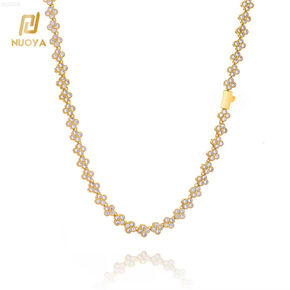 NUOYA Womens Gold Plated Diamond Chain Necklace Four Leaf Clover Plum Blossom Shiny Moissanite Hip Hop Jewelry