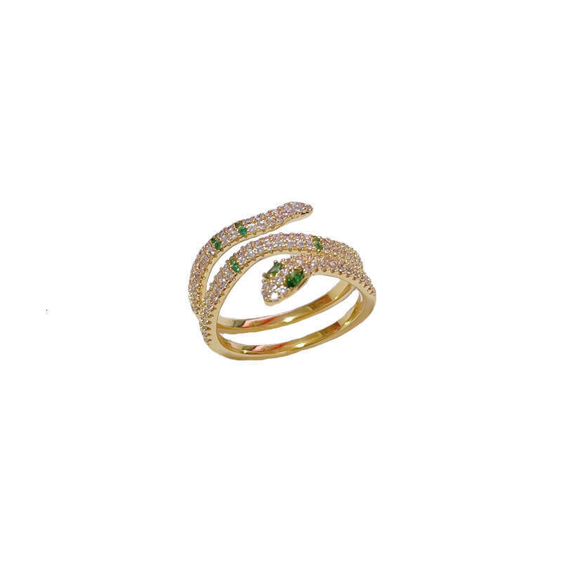 DHpet 2025 New Vintage Emerald Zircon Snake Open Ring - Thick 18K Gold Plated Copper, Minimalist Style, Sparkly Animal Design, Hanshi Dupin for Women 