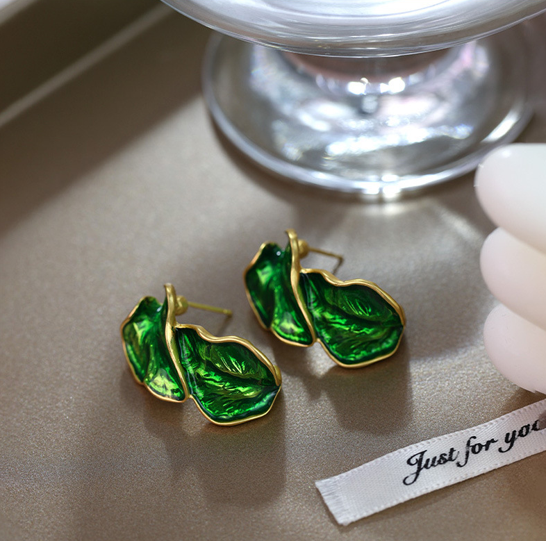 French style Earrings Enchanting Glittering Enamel Leaf shaped Alloy Studs Retro and Elegant Court inspired Earrings for Women