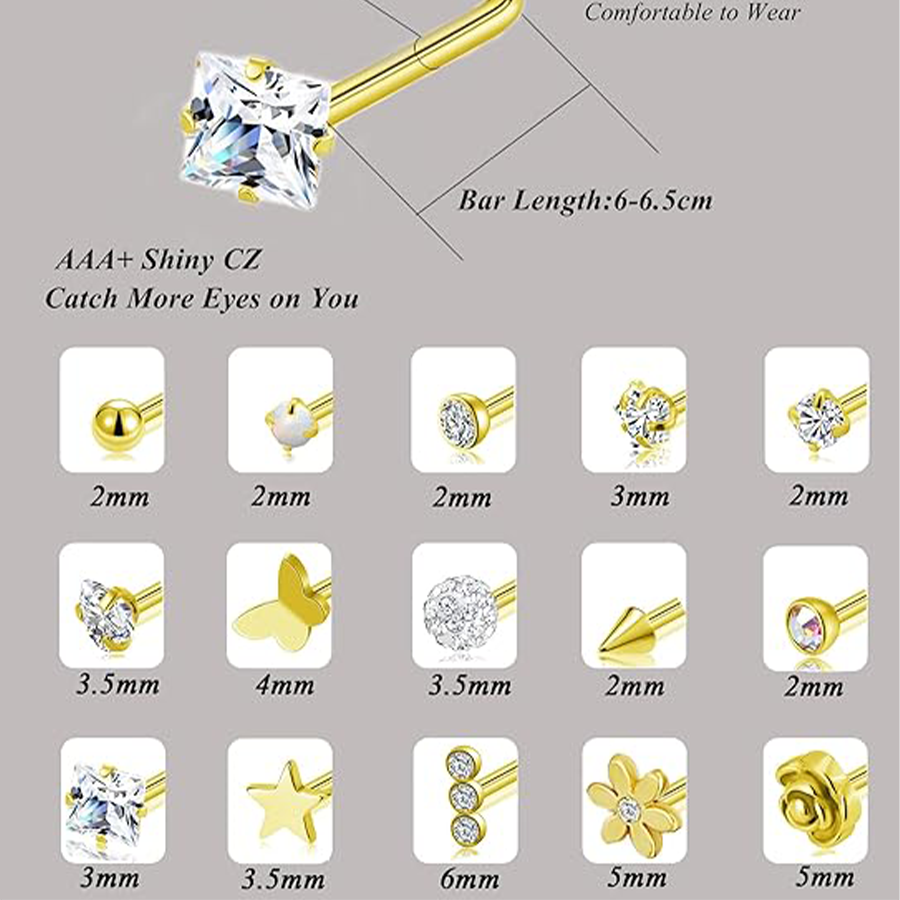 15Pcs G23 Titanium Nose Rings Stud L Shaped Star Heart CZ Flower Butterfly Ball Nose Stud Pure Titanium Nostril Piercing Jewelry for Women Men 20G Gol