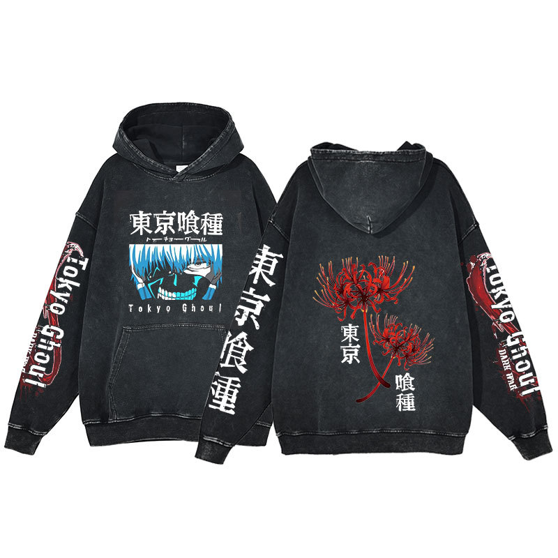 Anime Tokyo Ghoul Hoodie Ken Kaneki Print Harajuku Washed Hooded Sweatshirt Men's - VT2740