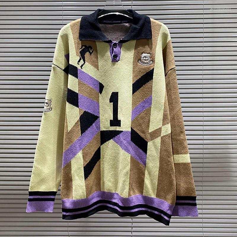 Men's T Shirts House Of Error Sweater Knitted Long Sleeve Multicolored Lapel Tops Jacquard Eye Pattern Loose Casual T-shirt