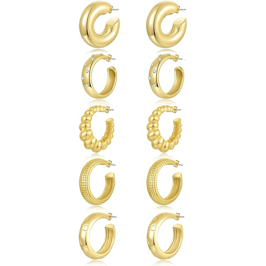 5 Pairs Chunky Hoops Earrings Thick Open Hoop Lightweight Hollow Earrings for Women Trendy Jewelry Gold Tone