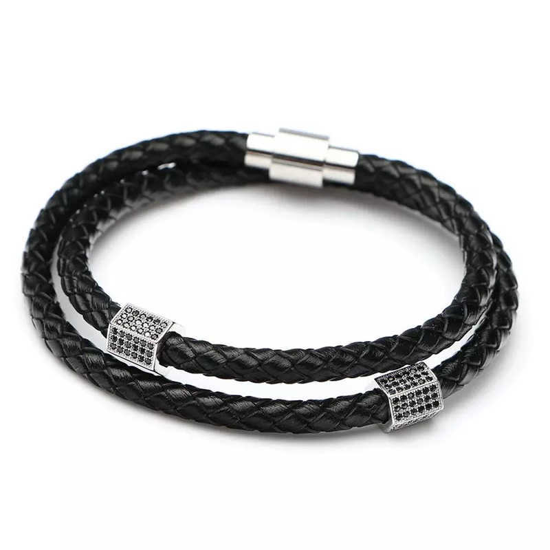 Leather woven double-layer bracelet with European style titanium steel square clasp, featuring distinctive design. RS-64 European style bracelet S2593