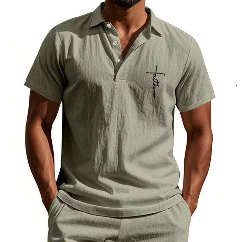 Men's Summer Comfortable Casual Short Sleeve Polo Shirt Breathable Knitted Fabric Turn-down Collar Button Printed Design