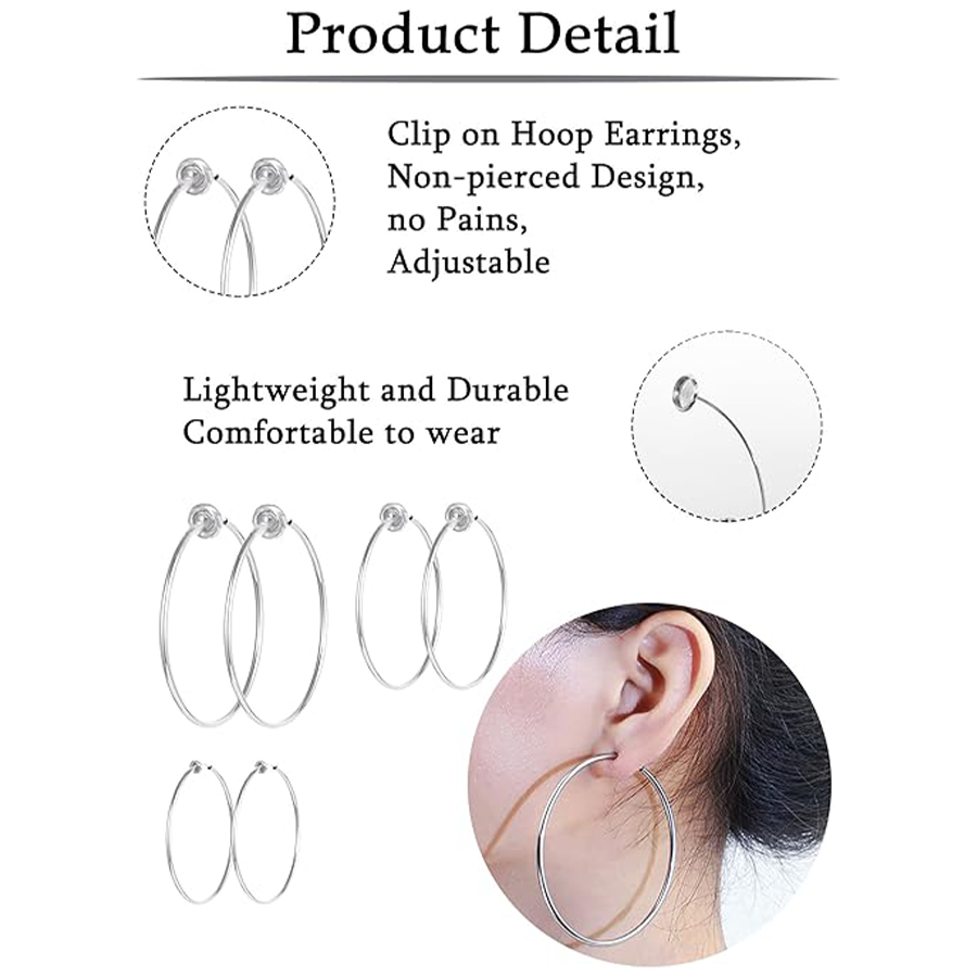 9 Pairs Clip on Hoop Earrings Non Pierced Fake Spring Hoop Earrings for Women Men Silver Tone