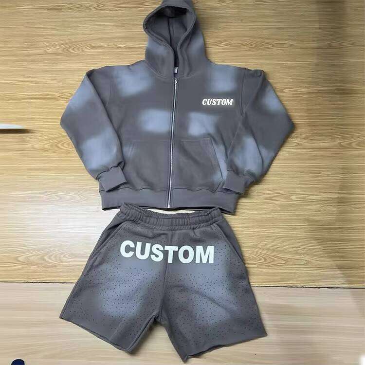 Acid Wash Zipper Rhinestone Shorts Tracksuit Set Oversized Hoodie Heavyweight Loose Sweatpants Factory