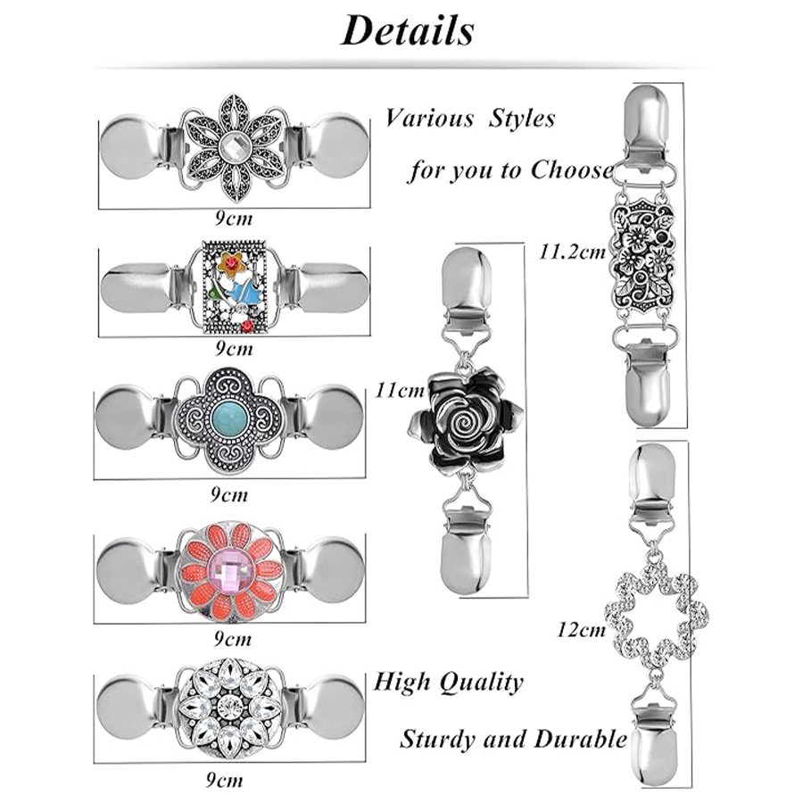 8Pcs Vintage Sweater Shawl Clips Retro Cardigan Collar Shirt Dresses Waist Clip Antique Flowers Pattern Brooch Clip for Women