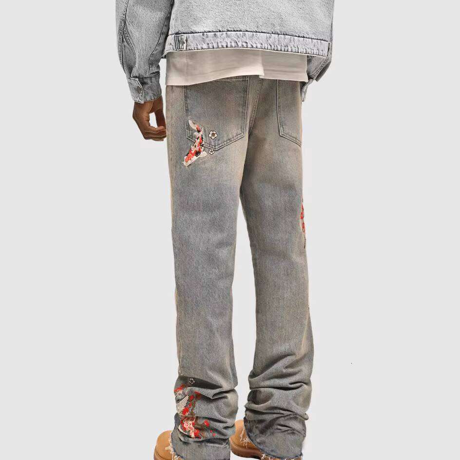 High-Quality Embroidered Printed Men's Washed Loose Jeans Causal Straight Flared Pants Factory