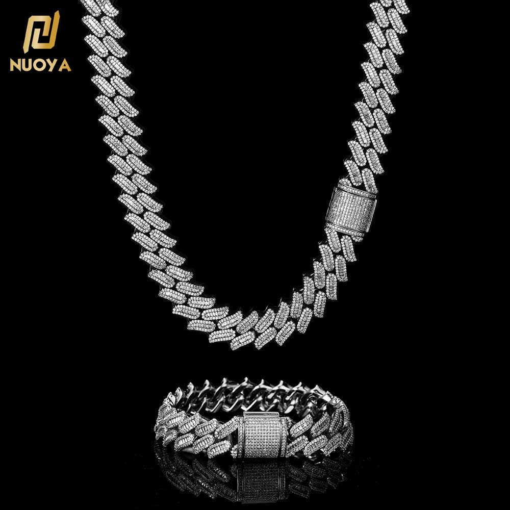 15MM Hip Hop Box Clasp Silver Ice Baguette Bling Necklace Jewelry Men Diamond Cuban Link Chain