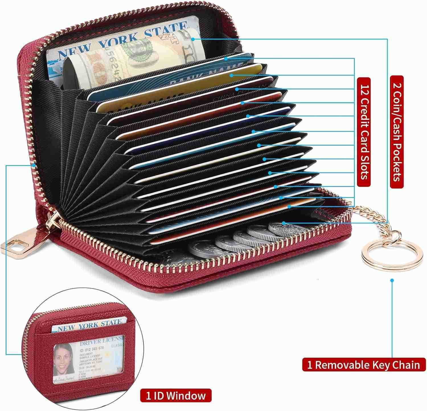 Small CARD Holder for Women RFID Blocking Leather Keychain Wallet with ID Window M250903