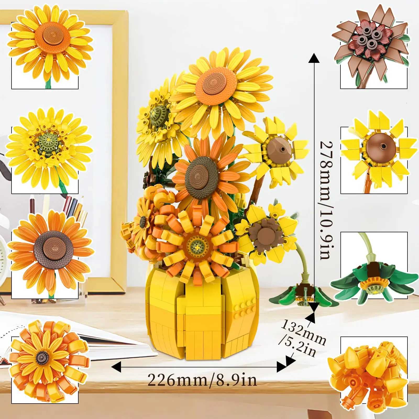 1009PCS Sunflower Building Blocks Flower Bouquet Vase Model Bricks Set Home Decoration Ideas Kids Educational Toys Holiday Gifts G250903