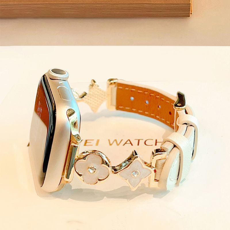 2025 Four Leaf Flower Leather Metal Premium Suitable for Apple Watch Strap Breathability 38mm 40mm 41mm 42mm 44mm 45mm iWatc Series Luxury Designer