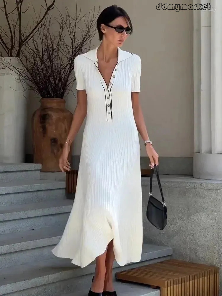 White Knitted Summer Dress: Women's Maxi Dress, Short Sleeve, Patchwork, Elegant Party Lapel, High Waist Knitwear ddmymarket
