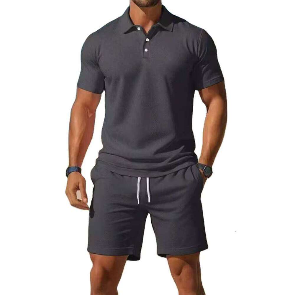 Men's Casual Two-piece Polo Shirt Set Breathable Short Sleeve Turn-down Collar Drawstring Shorts