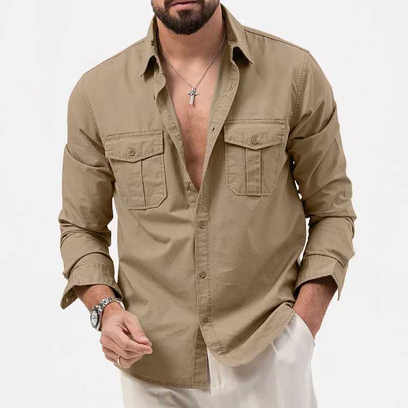 Safari Cotton Shirts Mens Outdoor Work Travel Button Down Tops Casual Long Sleeve Hiking Camping Utility Shirt With Flap Pocket X250903