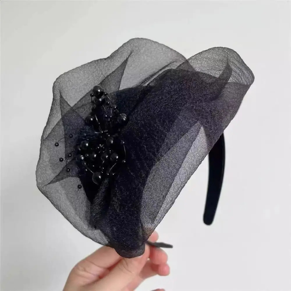 French Beaded Mesh Hairband Elegant Fashion Mesh Veil Fascinator Hat Bead Yarn Half Hat Dinner Party Hairband Hair Accessories 250903