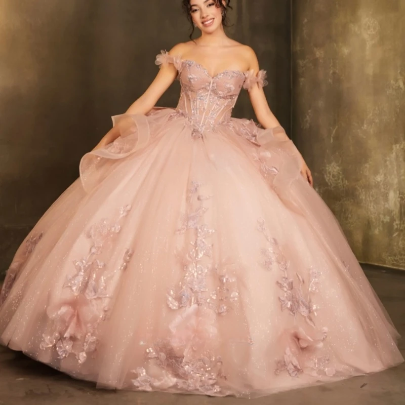 Pink Quinceanera Dresses Ball Gown Off The Shoulder Applique Flower Beads Tull Bow Party Birthday Sweet 16 Dress Vestidos 15 De Anos