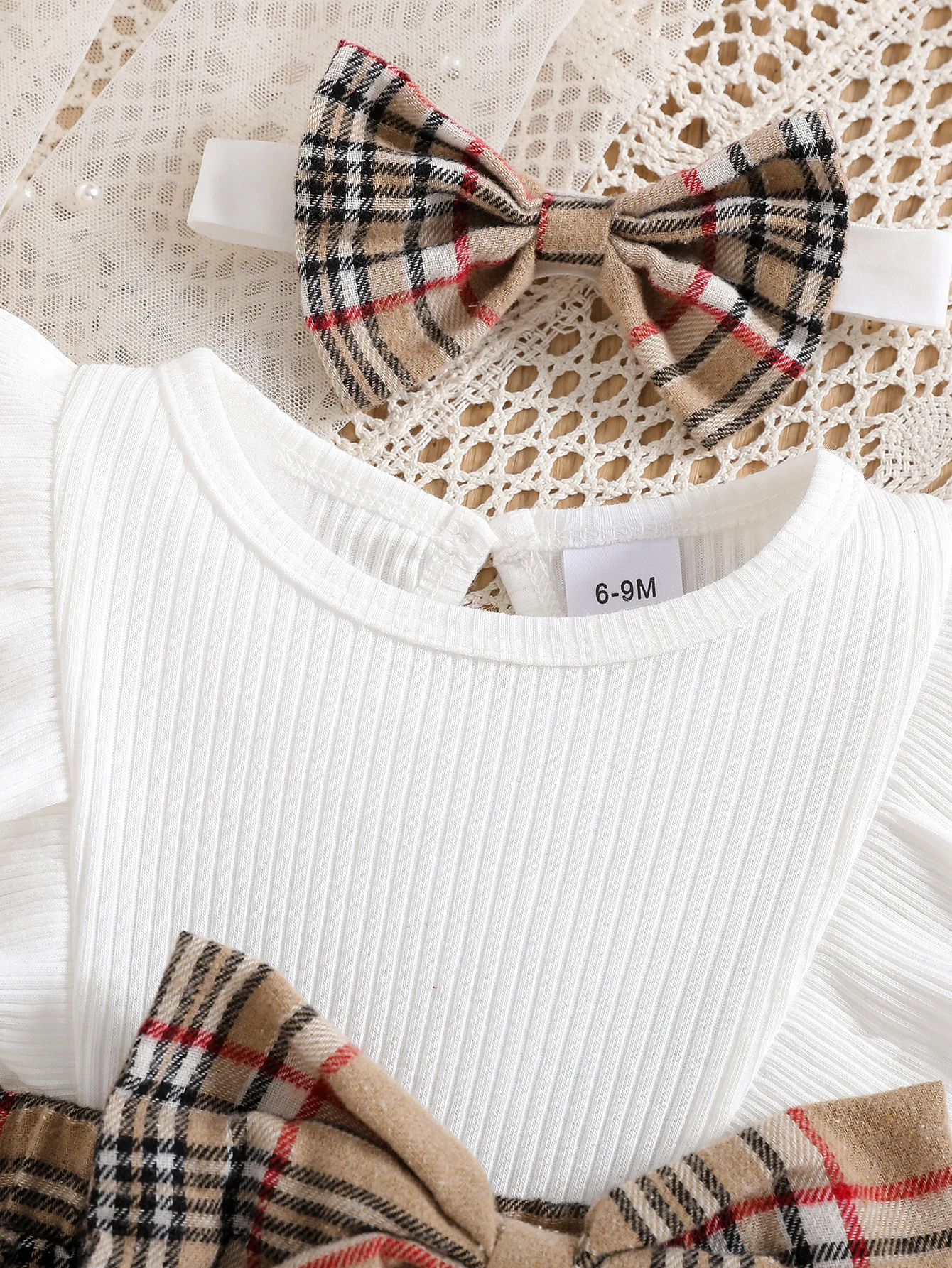 Baby Girl Summer Fashion Cute Casual Round Neck Ruffle Lace Decoration Short Sleeved Waist Large Bow Plaid Splicing 250902
