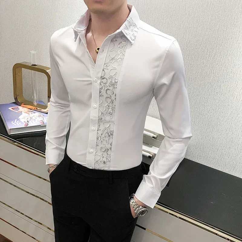 Luxury Black White Sexy Lace Patchwork Shirt 2023 Fashion Mens Slim Fit Social Dress Nightclub Singer Party Casual Shirts 4XLM X250903