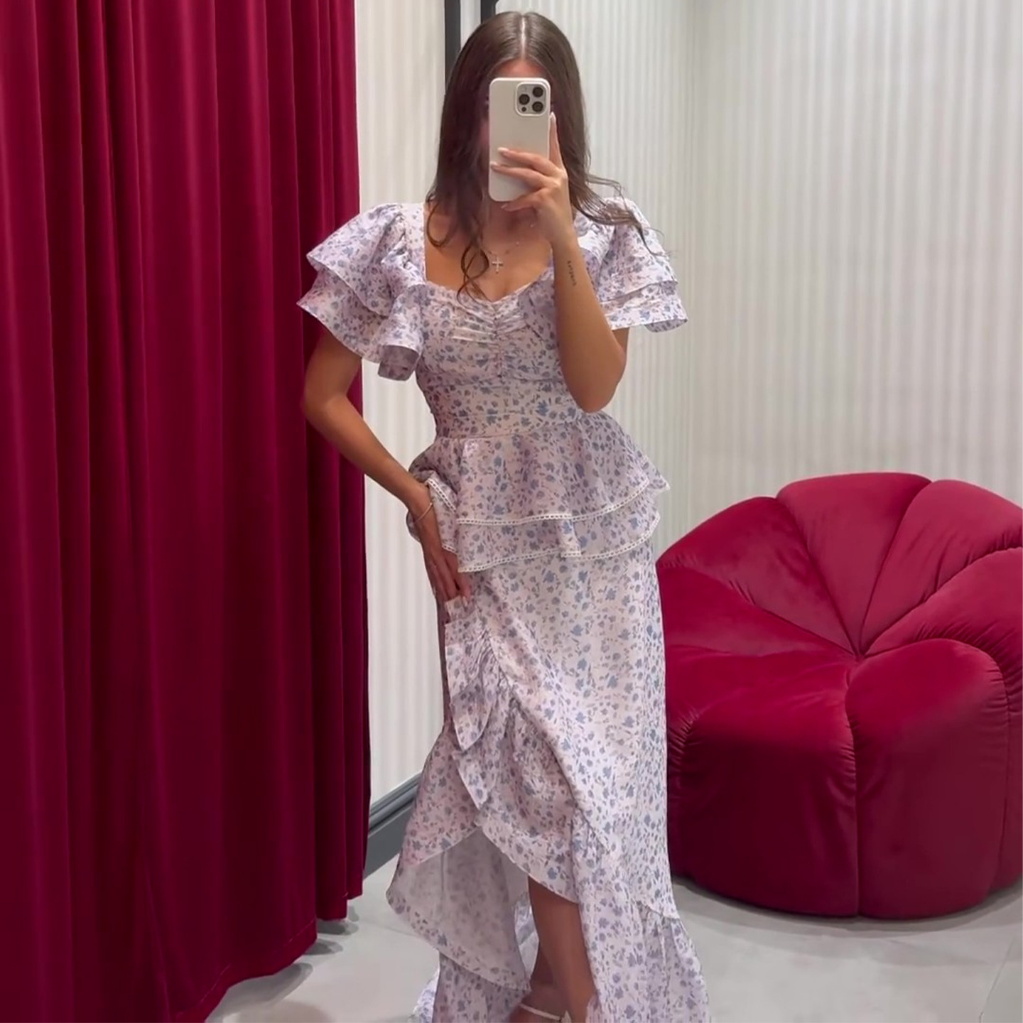 C829New autumn French floral dress with flying sleeves, waist and ruffled sweet skirt