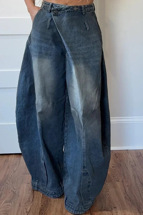 Plus Size Daily Blue Asymmetric Button Pocket Washed Denim Jeans 250823Z