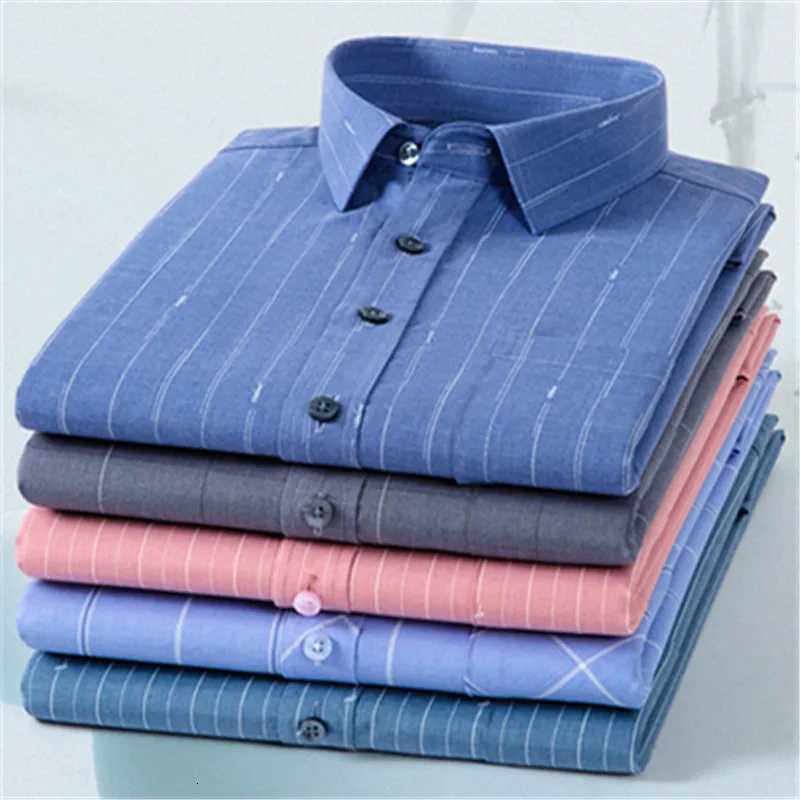 Bamboo Fiber Men Shirt Long Sleeve Elastic Antiwrinkle Regular Fit business Formal Social pink Blue Striped checkered print 4XL X250903
